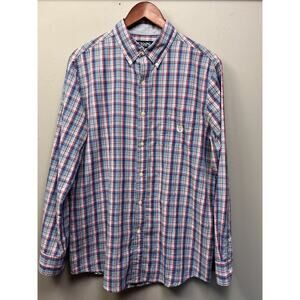 Chaps Easy Care Long Sleeve plaid shirt Mens Medium Pink Blue Pocket Preppy